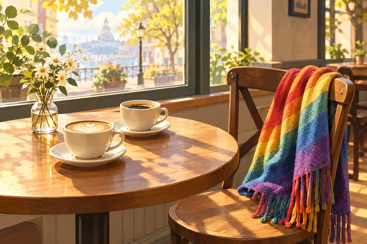 Dos tazas de café sobre una mesa junto a una ventana con una bufanda de colores sobre una silla