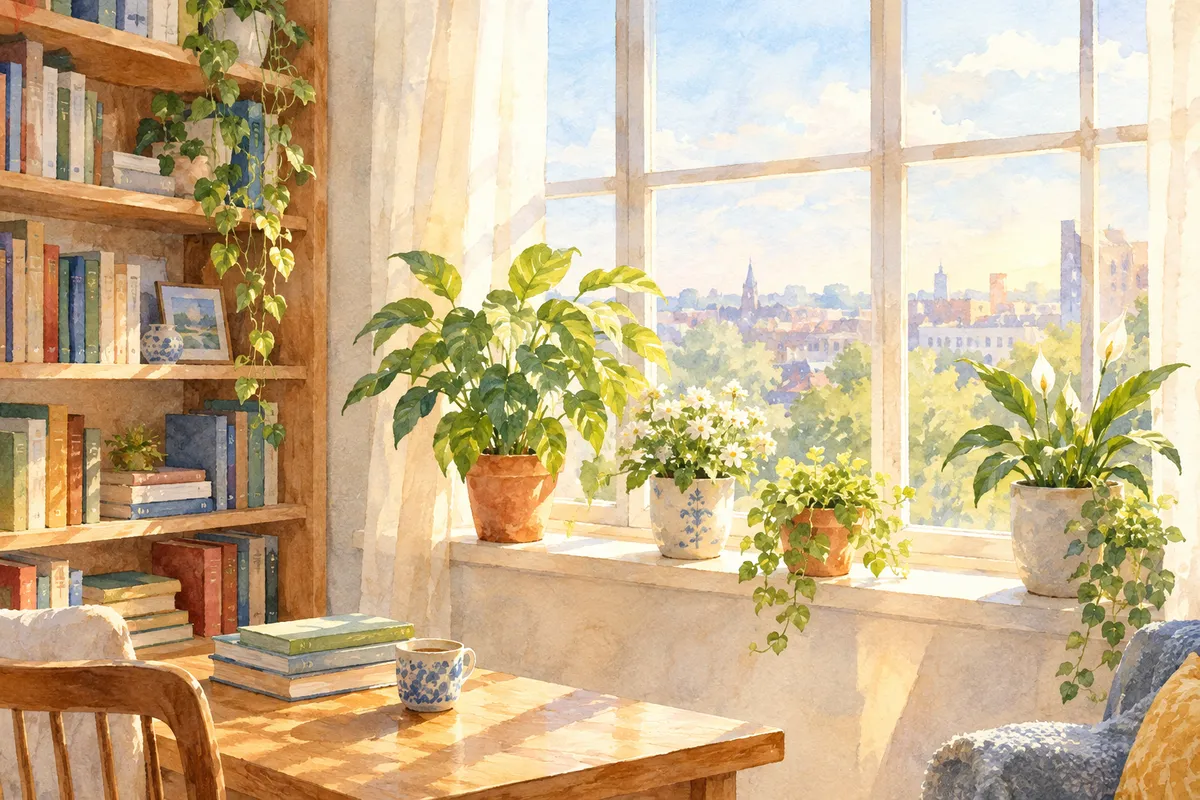 Ilustración de una ventana luminosa con plantas y estanterías en un hogar tranquilo