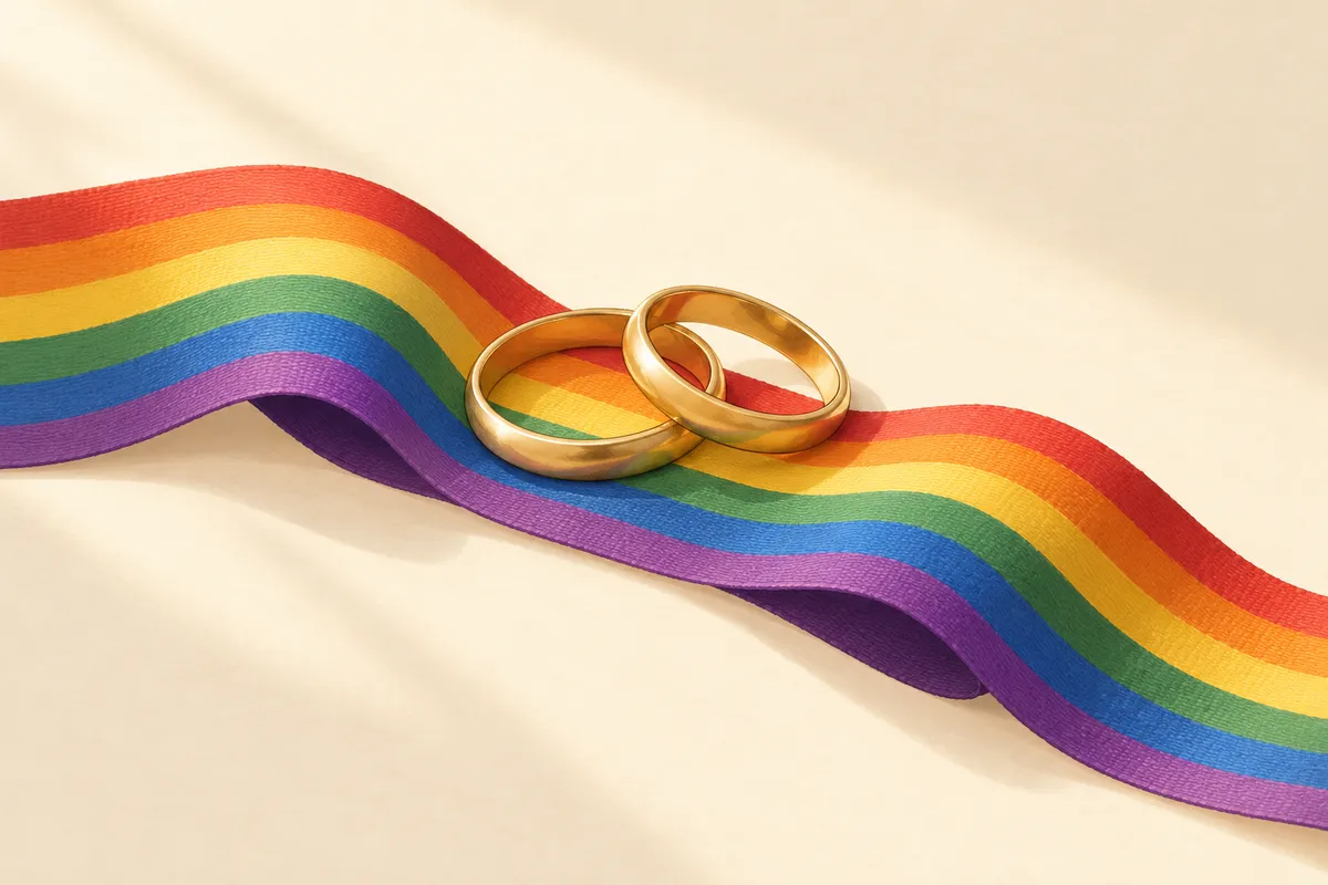 Dos alianzas sobre una cinta con los colores del arcoíris, símbolo del matrimonio igualitario