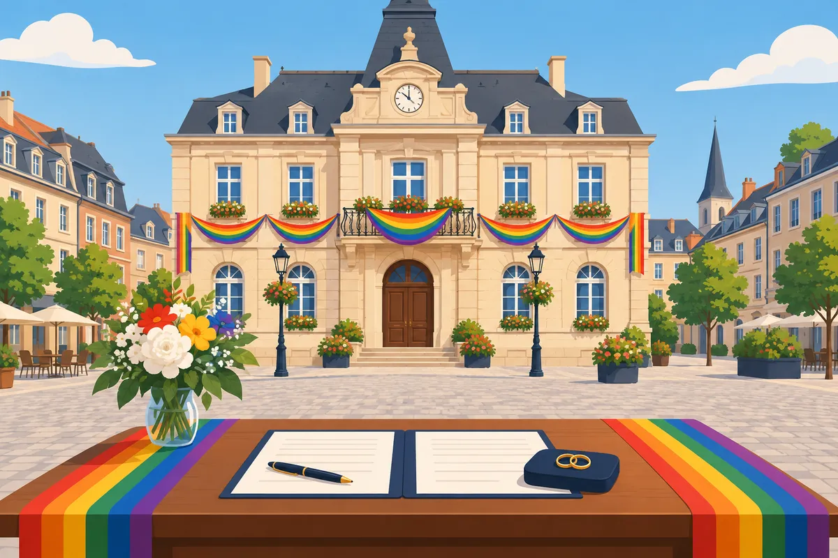Ilustración de un ayuntamiento europeo con banderines de colores y alianzas sobre una mesa de documentos