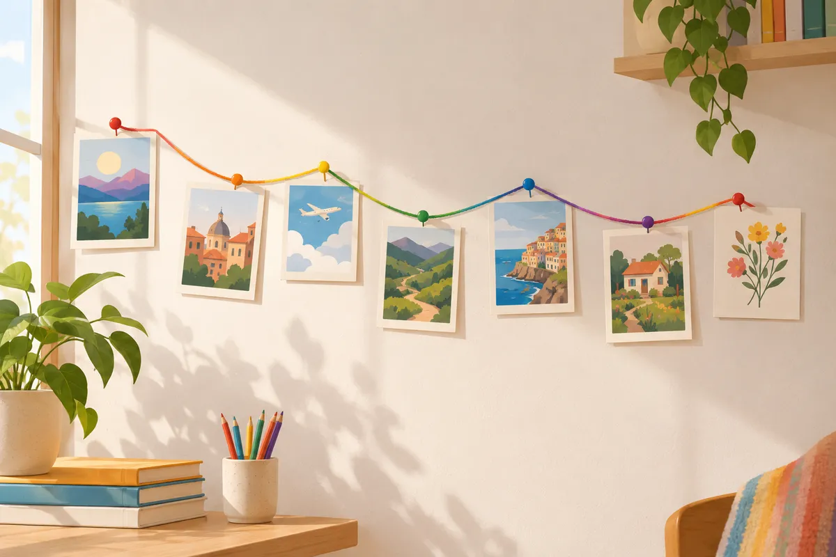 Línea del tiempo ilustrada con tarjetas de papel unidas por un hilo de colores del arcoíris