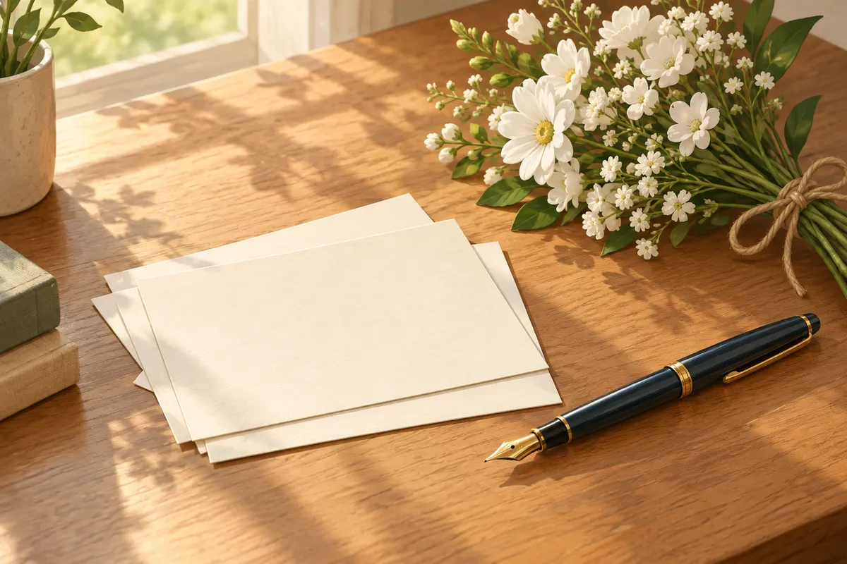 Tarjetas de papel crema en blanco y una pluma estilográfica junto a un pequeño ramo de flores blancas sobre un escritorio