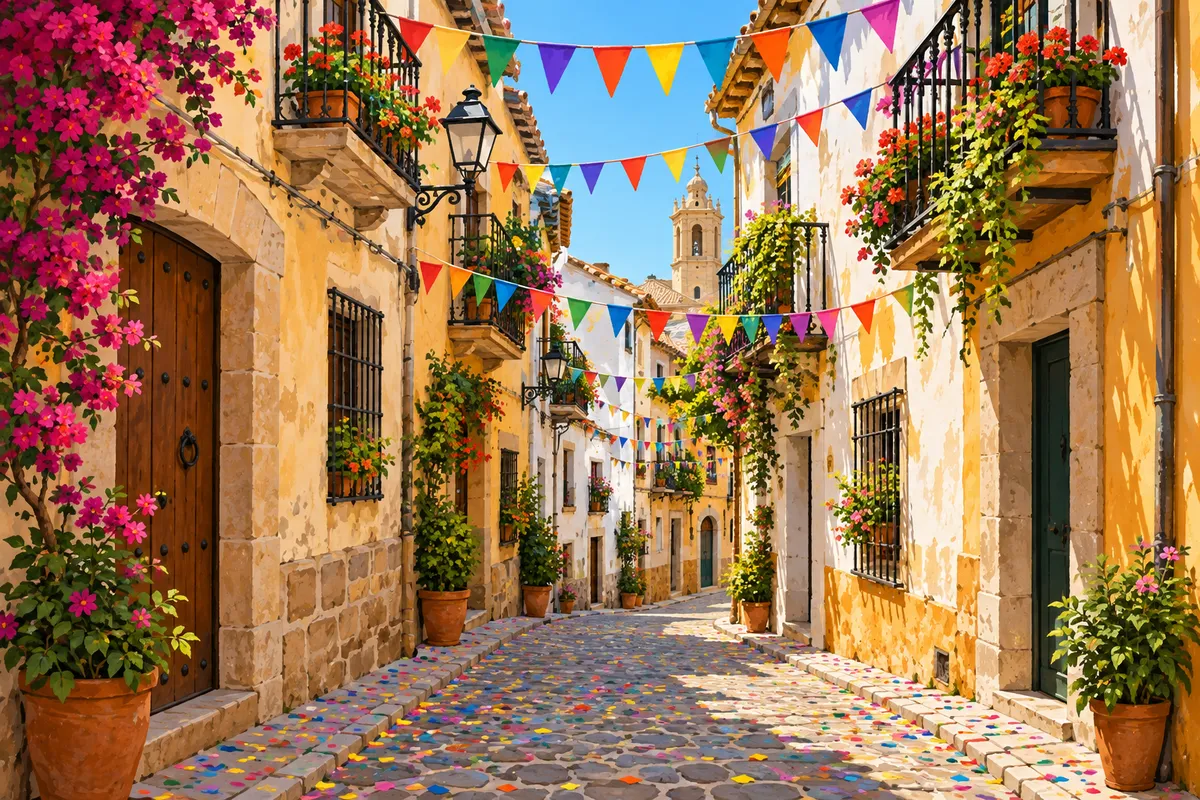 Calle de un casco antiguo español con banderines de colores y confeti en el suelo