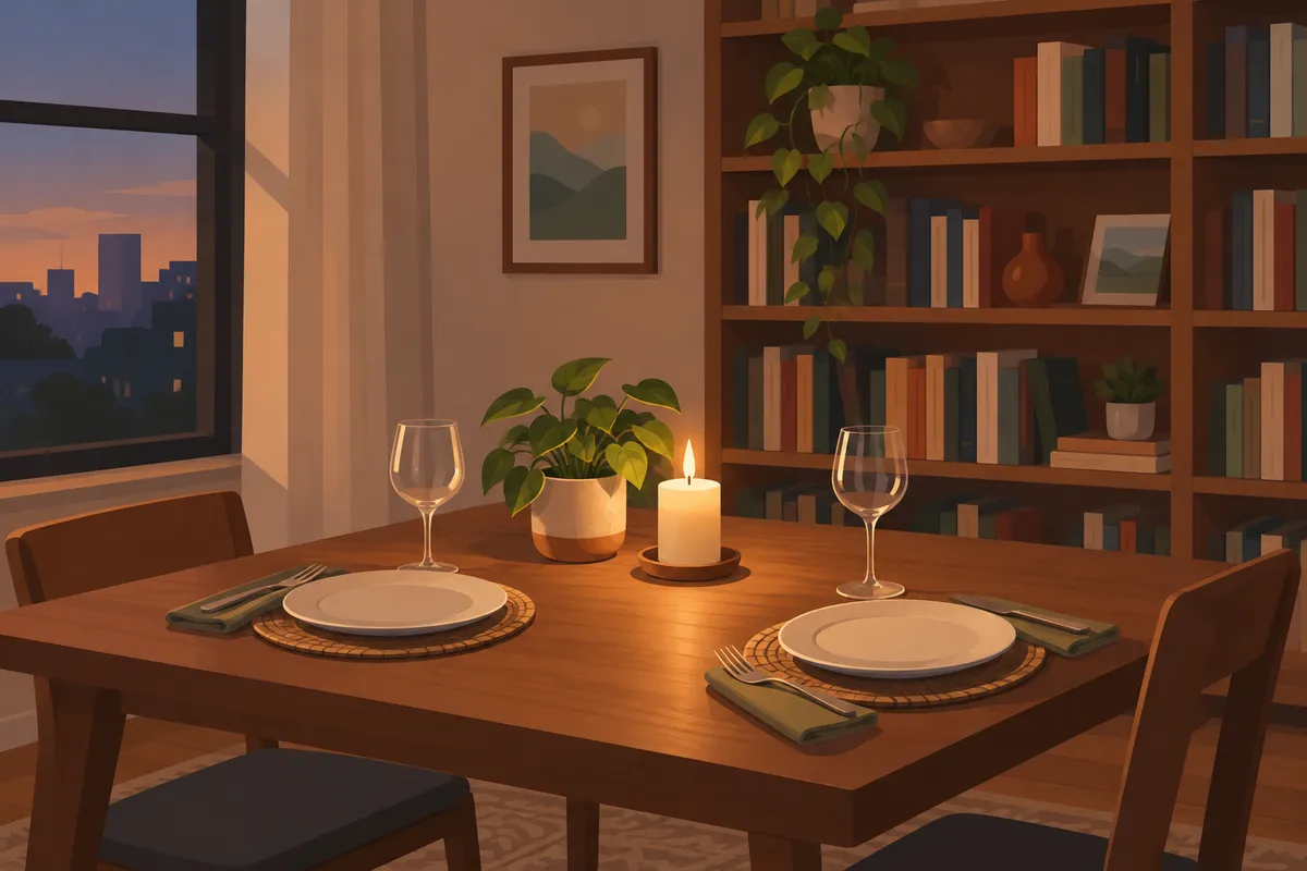 Mesa de comedor preparada para una cena pequeña con dos platos, una vela y una planta en una casa acogedora