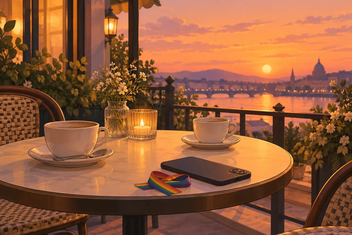 Mesa de una terraza al atardecer con dos tazas y un móvil, ilustración con un pequeño lazo arcoíris