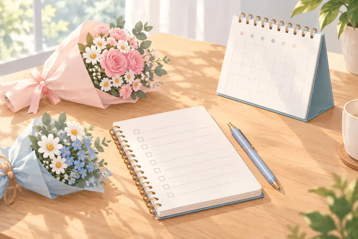Cuaderno con una lista de tareas, un calendario y dos ramos pequeños sobre una mesa para preparar una boda