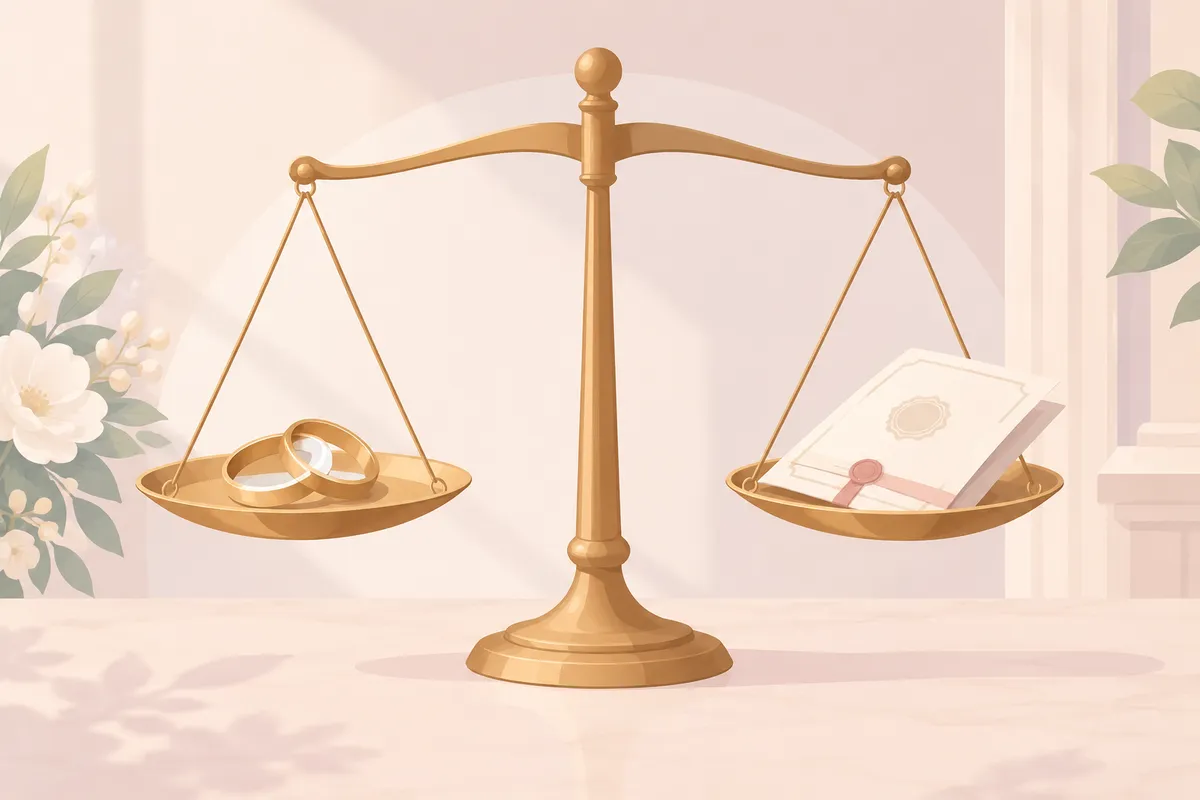 Balanza con unas alianzas en un plato y un documento de registro en el otro