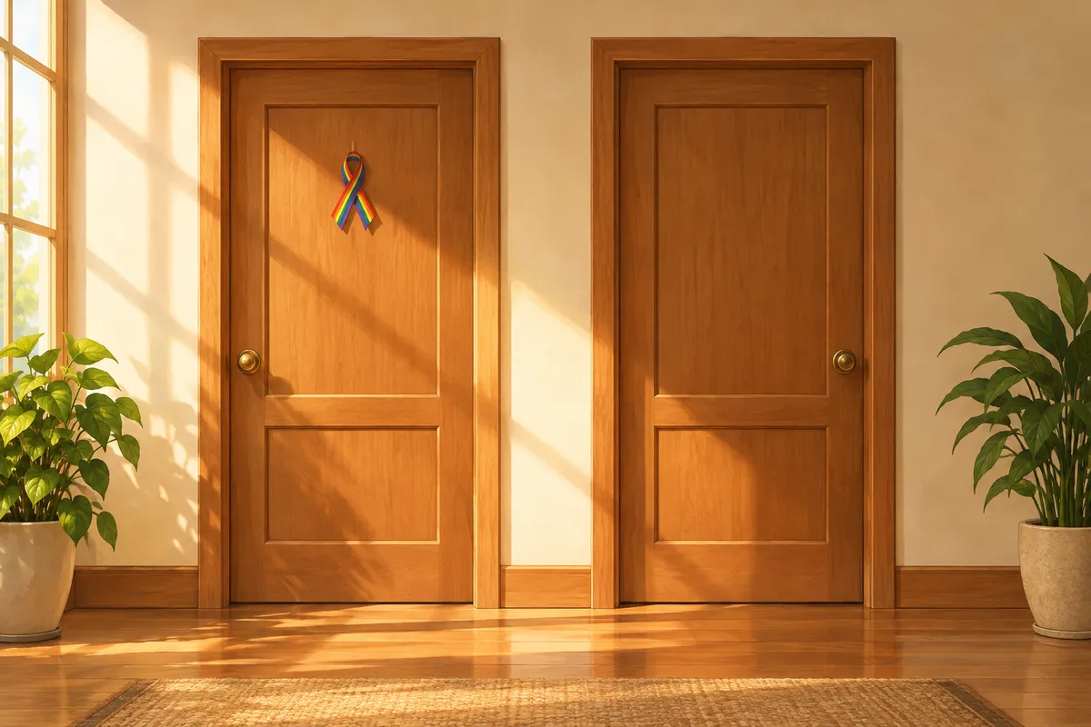 Dos puertas de madera en un pasillo luminoso, una con un lazo arcoíris, como imagen de dos caminos posibles
