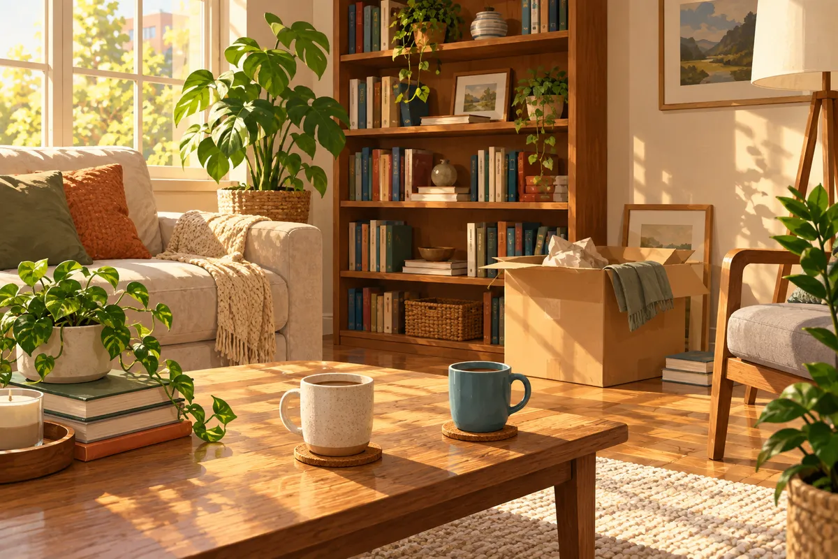 Salón luminoso con dos tazas, una estantería compartida y una caja de mudanza a medio deshacer