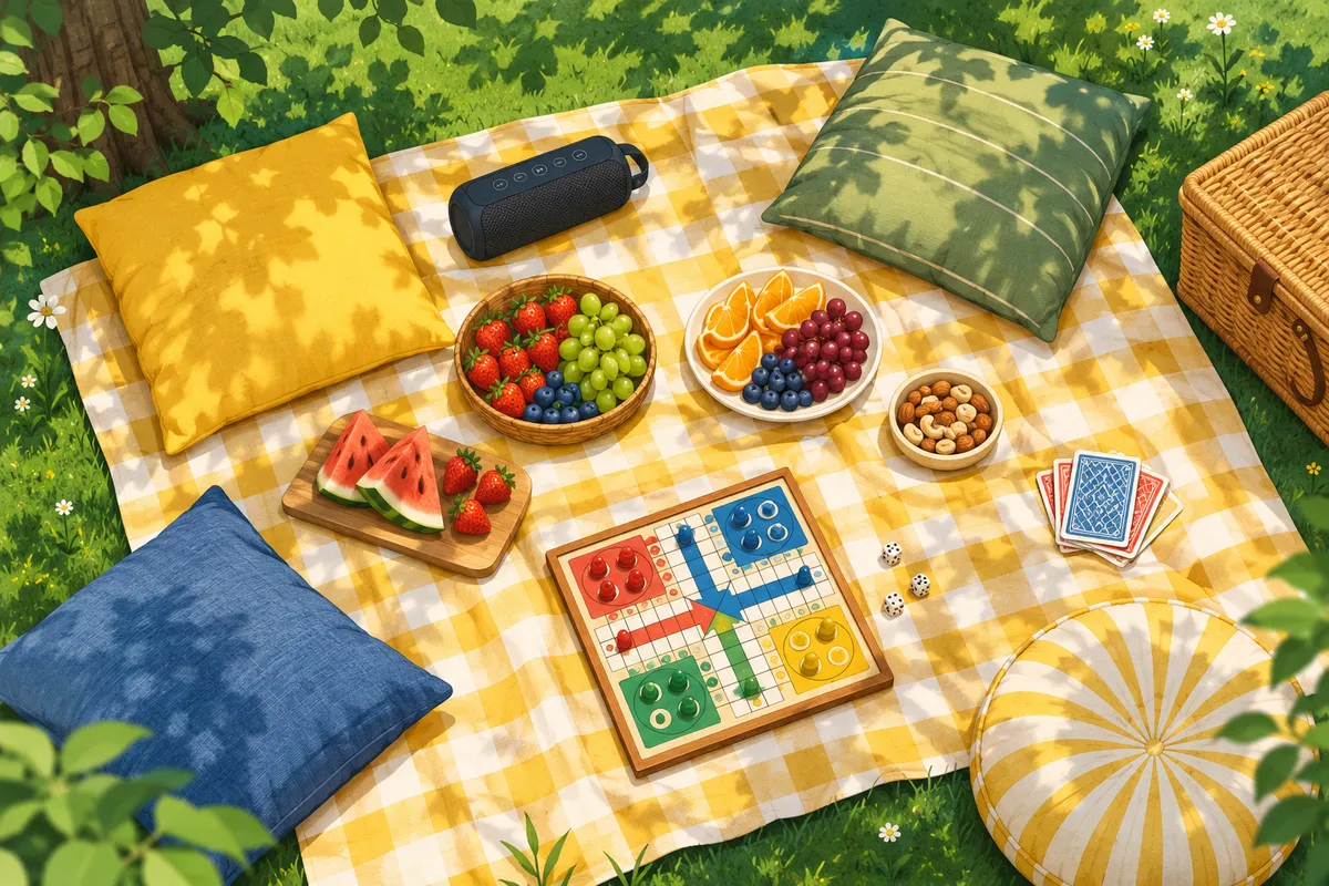 Manta de picnic con juegos de mesa y comida en un parque para un día tranquilo entre amigos