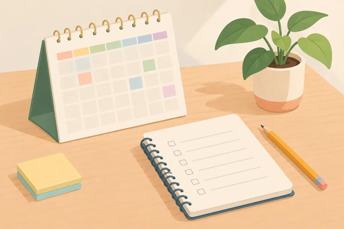 Escritorio con calendario y lista de tareas para organizar los preparativos de la celebración