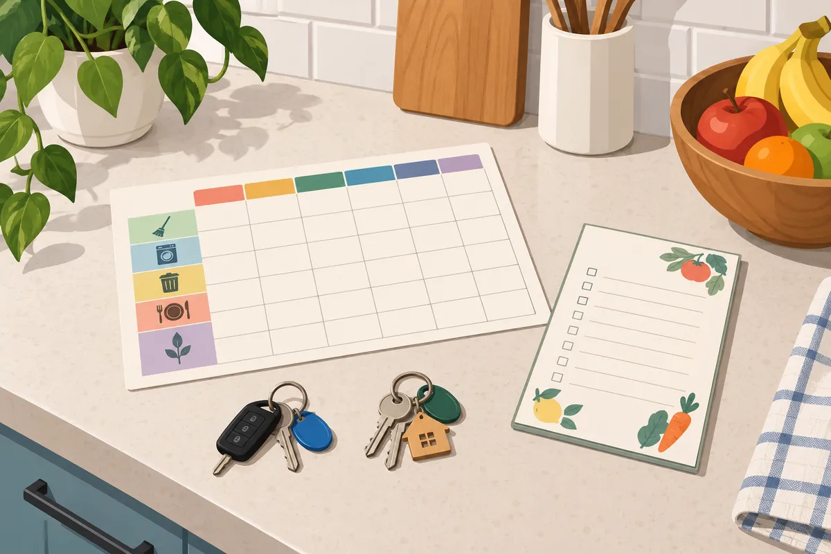 Encimera de cocina con un cuadrante de tareas, dos juegos de llaves y una lista de la compra compartida