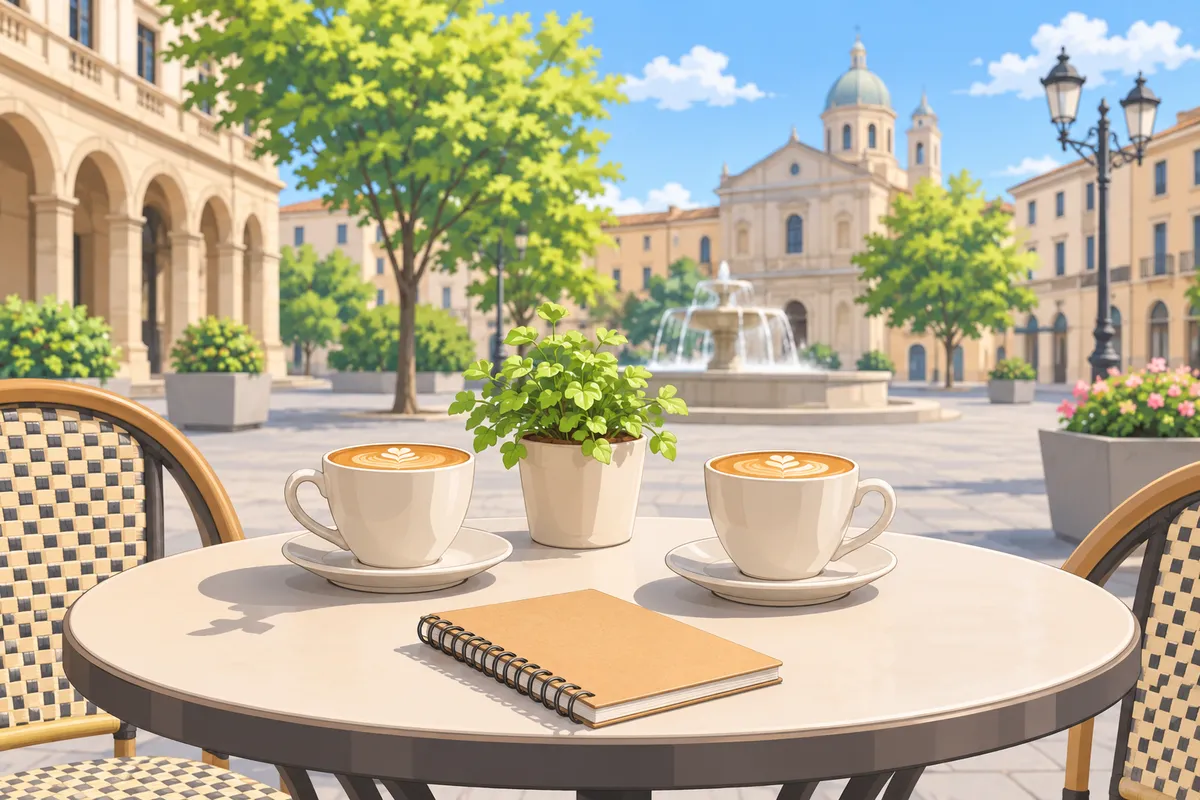 Dos tazas de café sobre una mesa de terraza en una plaza a plena luz del día