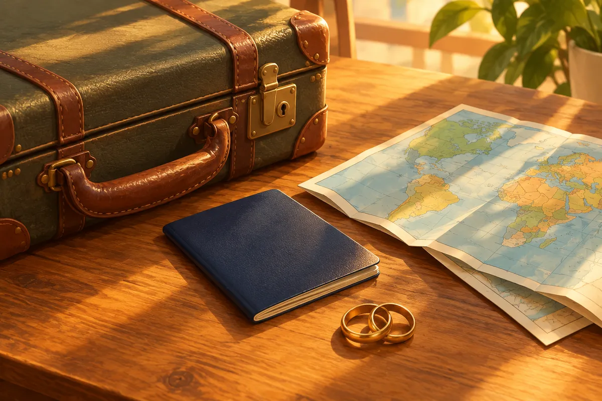 Maleta, pasaporte y mapa plegado junto a dos alianzas entrelazadas sobre una mesa de madera