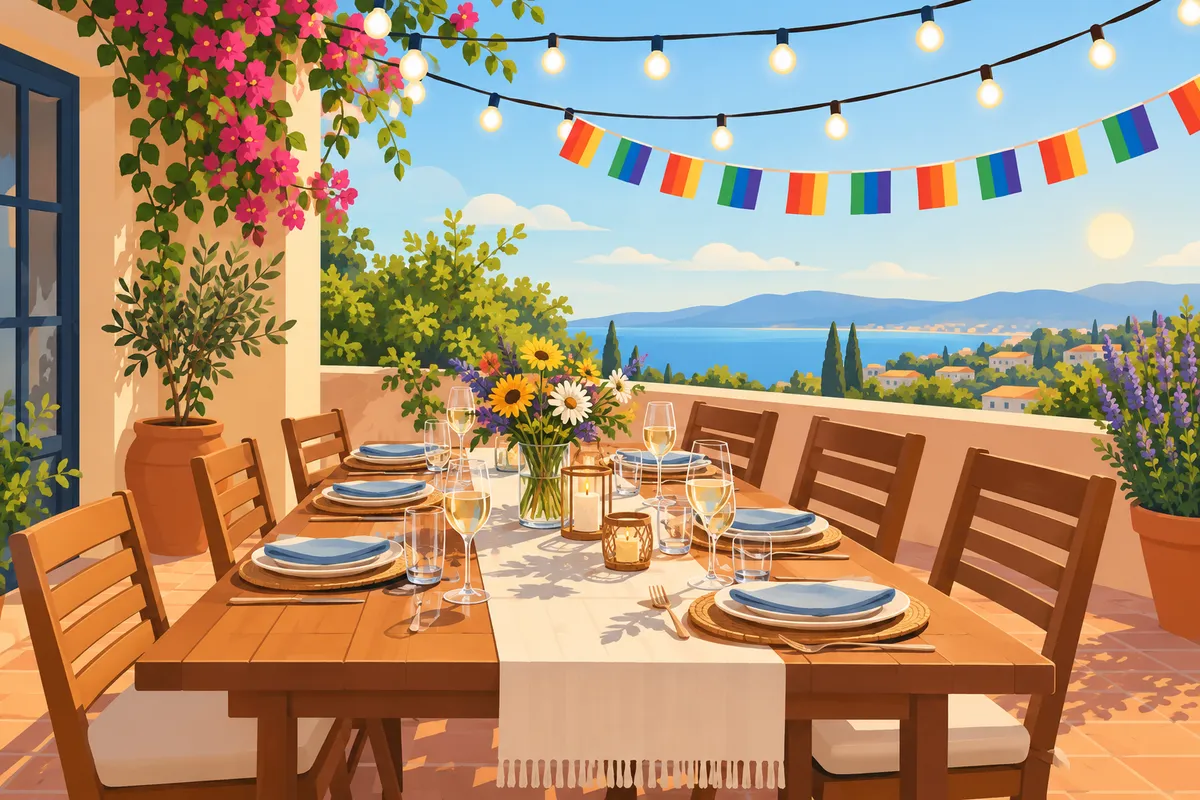 Mesa de terraza preparada para una cena de grupo con luces y una guirnalda arcoíris